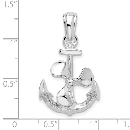 Sterling Silver Rhodium-Plated Moveable 3D Anchor with Propeller Pendant