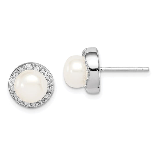 Sterling Silver 7-8mm Freshwater Cultured Pearl and CZ Earrings