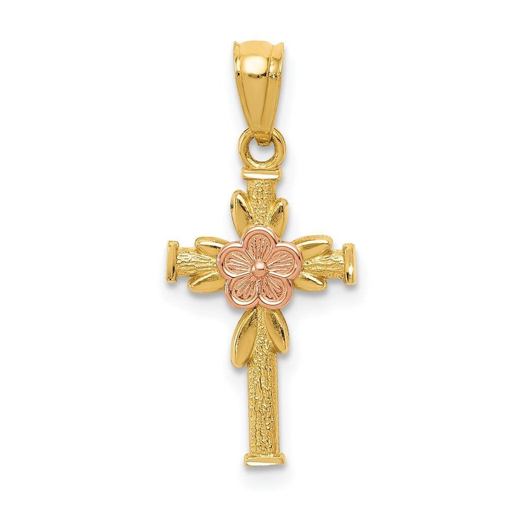 14k Two-tone Gold Polished Diamond-Cut Cross Flower Pendant for Women
