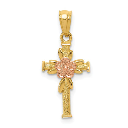 14k Two-tone Gold Polished Diamond-Cut Cross Flower Pendant for Women