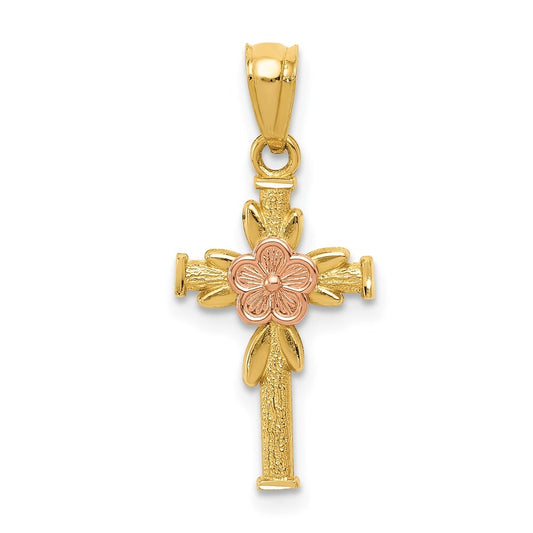 14k Two-tone Gold Polished Diamond-Cut Cross Flower Pendant for Women