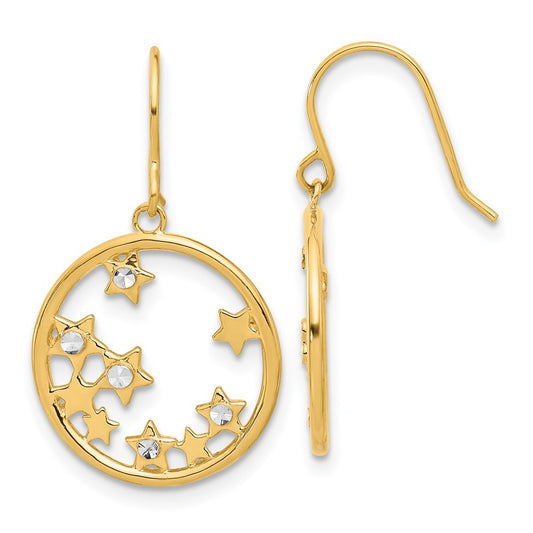 14k Yellow Gold and White Rhodium Diamond-Cut Stars in Circle Dangle Earrings