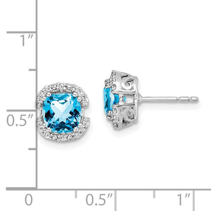 14k White Gold Cushion Blue Topaz and Diamond Halo Stud Earrings