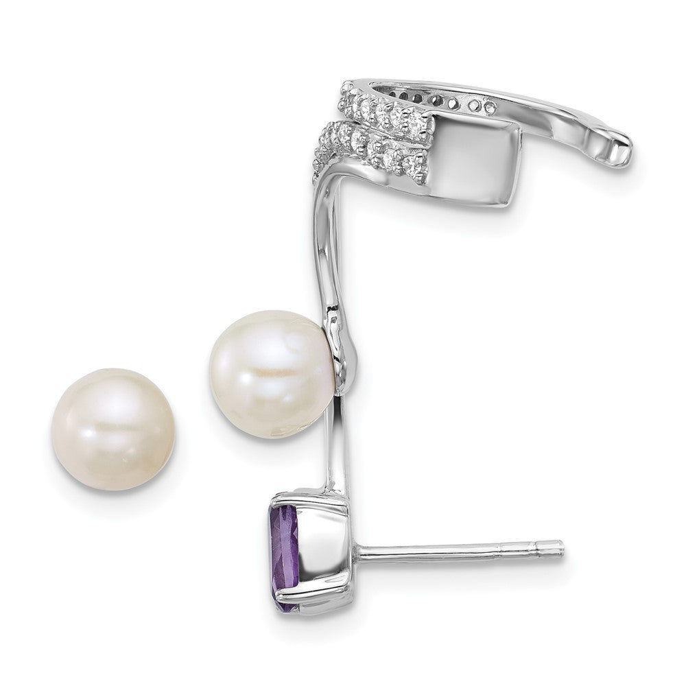 Sterling Silver CZ Freshwater Cultured Pearl & Amethyst Cuff Asymmetric Earrings