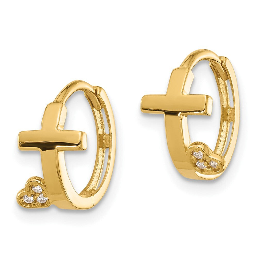 14k Yellow Gold Polished Cross Cubic Zirconia Heart Hinged Huggie Hoop Earrings