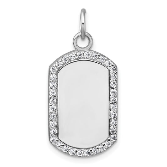 Sterling Silver Polished Cubic Zirconia Engraveable Dog Tag Pendant
