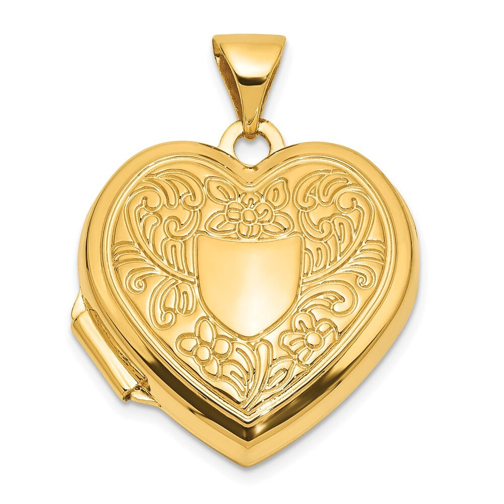 14k Yellow Gold Polished Fancy Floral Border and Crest 18mm Heart Locket Pendant