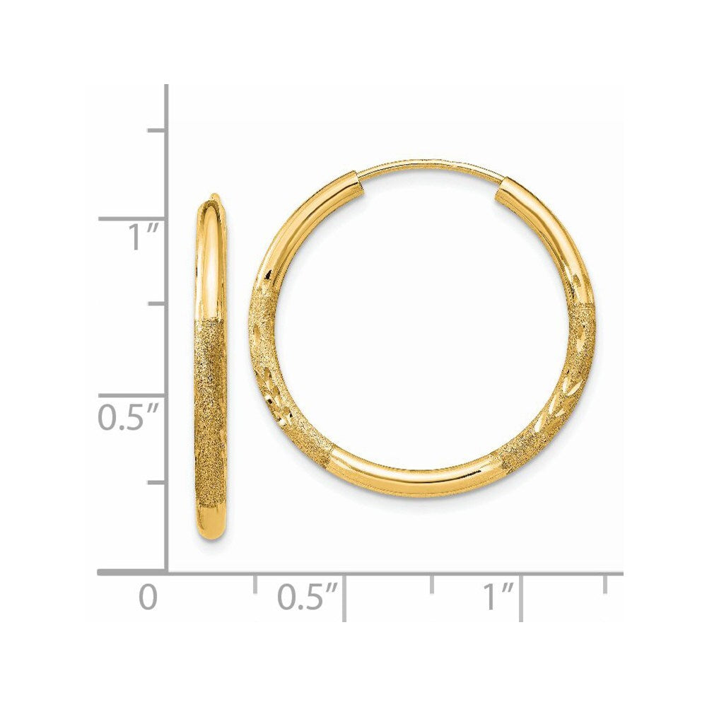 14k Yellow Gold 2mm Satin Diamond-cut Endless Hoop Earrings Gift for Women