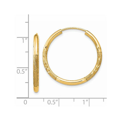 14k Yellow Gold 2mm Satin Diamond-cut Endless Hoop Earrings Gift for Women