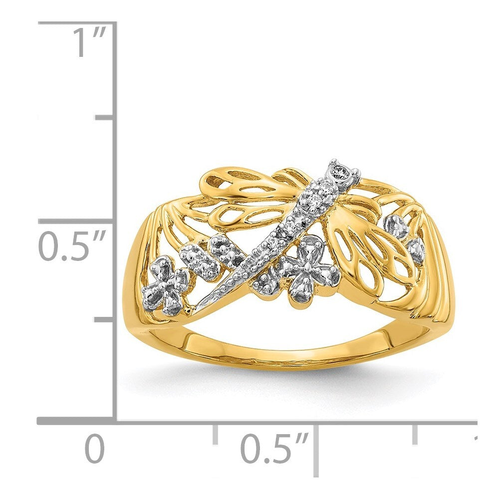 14K Yellow Gold Rhodium Diamond Dragonfly Ring Size 7