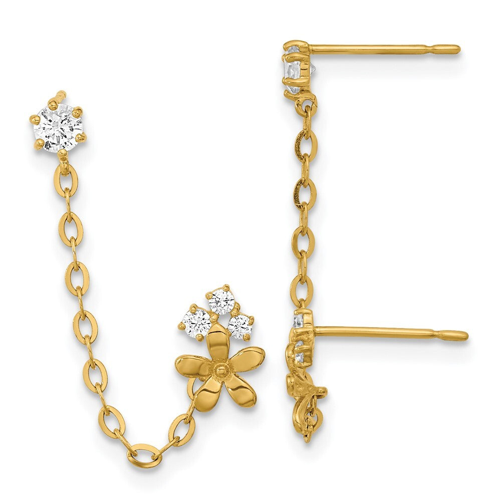 14k Yellow Gold Cubic Zirconia Double w/Chain Flower Earring
