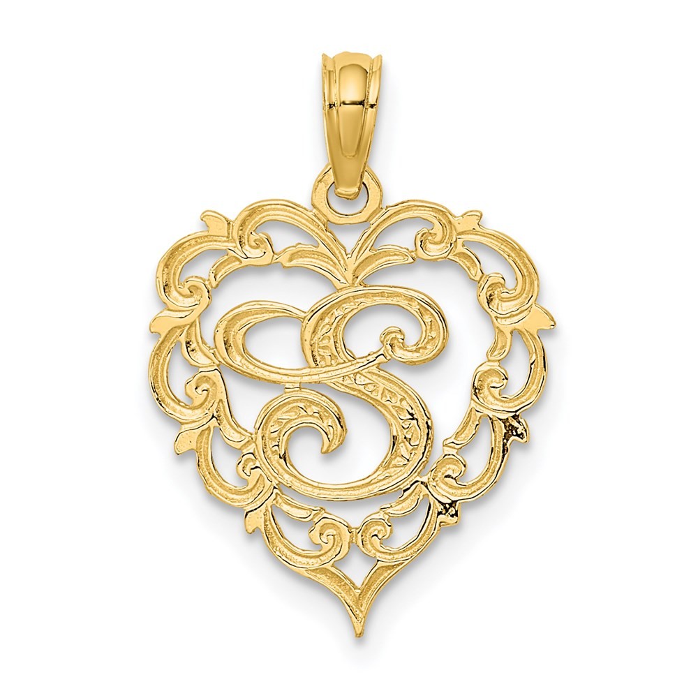 14k Yellow Gold Heart Script Letter S Initial Charm