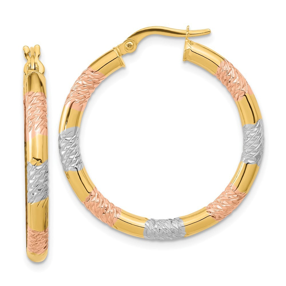 14k Yellow Gold with Rose and White Rhodium Diamond-cut 3.0mm Hoop Earrings