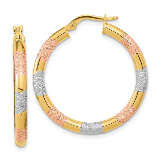 14k Yellow Gold with Rose and White Rhodium Diamond-cut 3.0mm Hoop Earrings