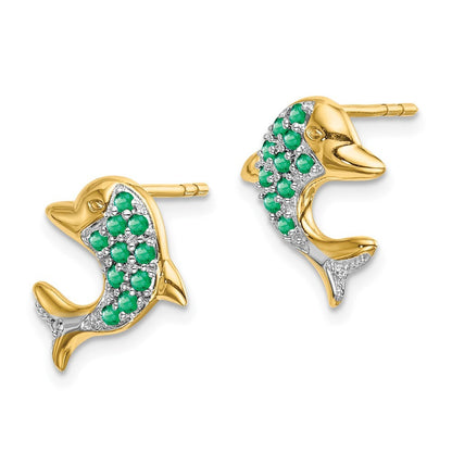 14k Yellow Gold and Rhodium Emerald and Diamond Dolphin Stud Earrings