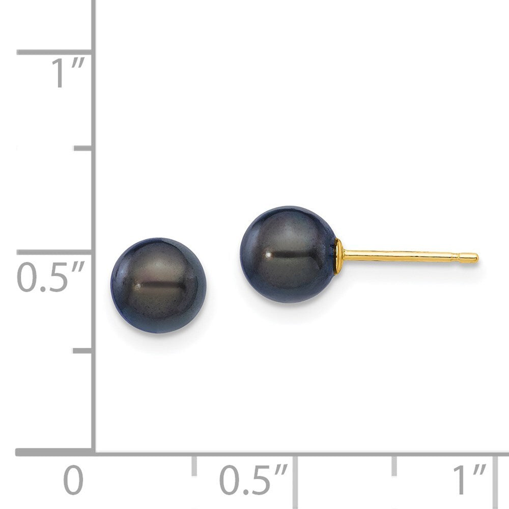 14k Yellow Gold 6-7mm Black Round Akoya Saltwater Cultured Pearl Stud Earrings