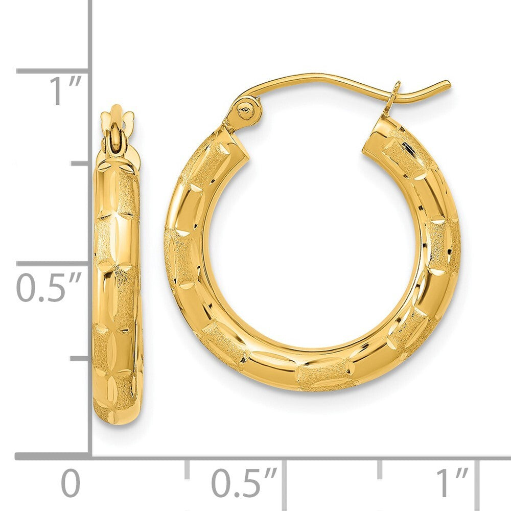 14k Yellow Gold Polished Satin and Diamond-cut Hoop Earrings Gift for Women