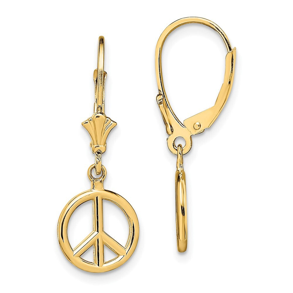 14k Yellow Gold 3-D Peace Symbol Dangle Earrings Leverback Gift for Women
