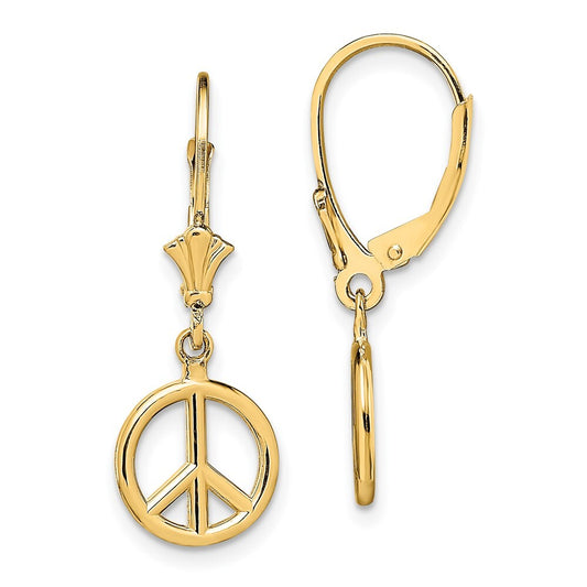 14k Yellow Gold 3-D Peace Symbol Dangle Earrings Leverback Gift for Women