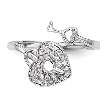 Sterling Silver Rhodium-plated Cubic Zirconia Heart Lock and Key Ring Size 7
