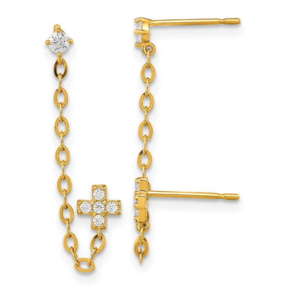14k Yellow Gold Madi K Double Post w/Chain CZ Cross Earring (single)