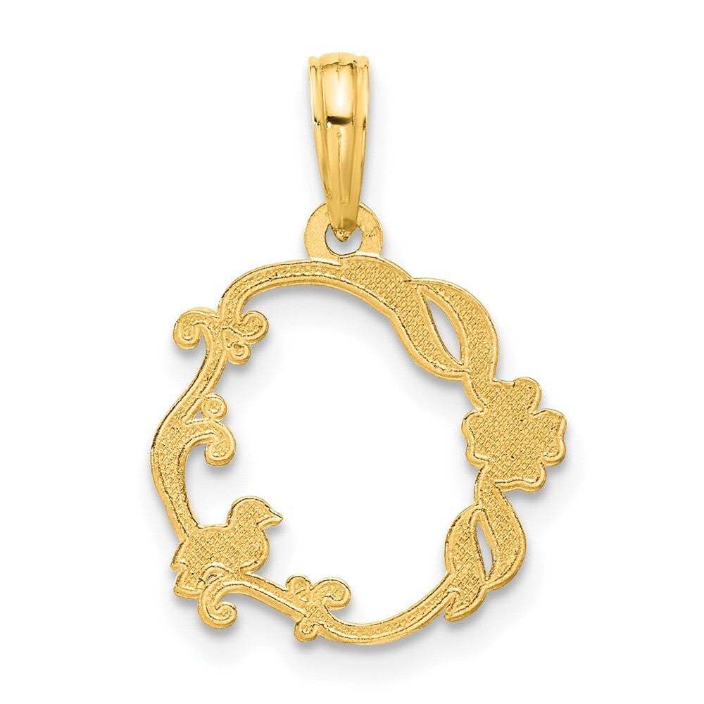 14k Yellow Gold Polished Floral with Bird Circle Pendant for Women