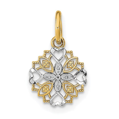 14k Yellow Gold Rhodium Cut-Out Heart Edge Flower Charm Pendant for Women
