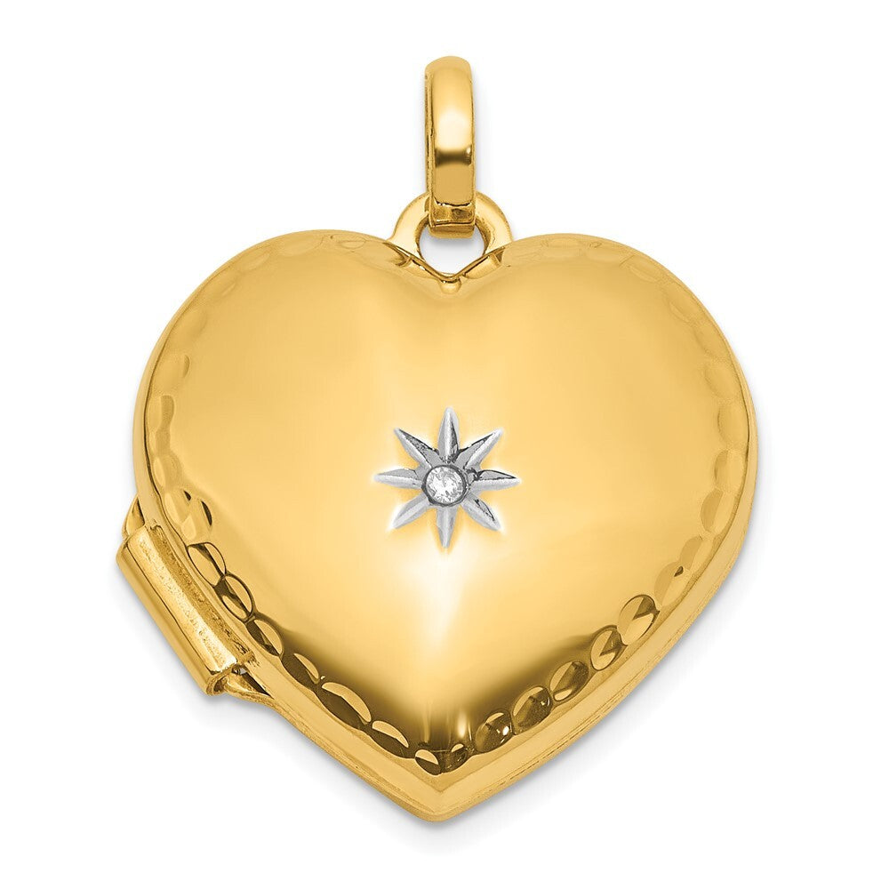 14k Yellow Gold White Rhodium Polished Textured Diamond 15mm Heart Locket