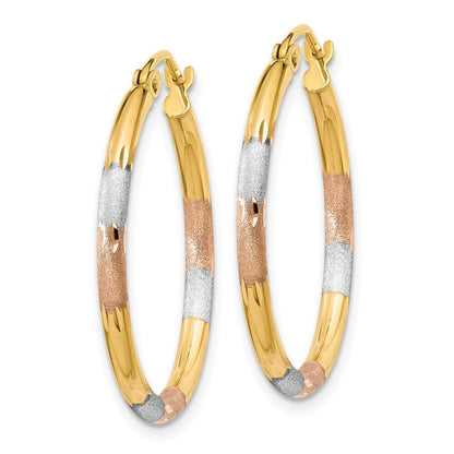 14k Yellow Gold White and Rose Rhodium 2mm Satin & Diamond-Cut Hoop Earrings