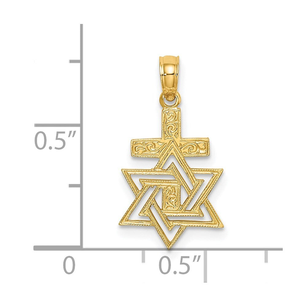 14k Yellow Gold Polished / Engraved Star Of David and Cross Charm Pendant