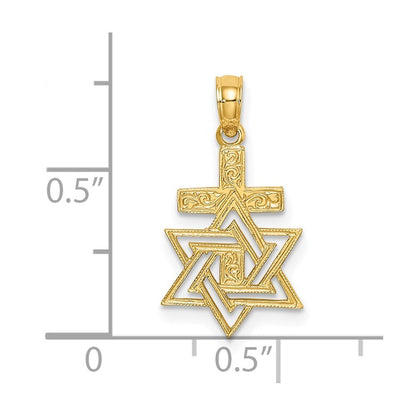 14k Yellow Gold Polished / Engraved Star Of David and Cross Charm Pendant