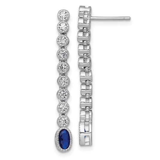 Sterling Silver Polished and Beaded Oval Blue and Round CZ Dangle Earrings