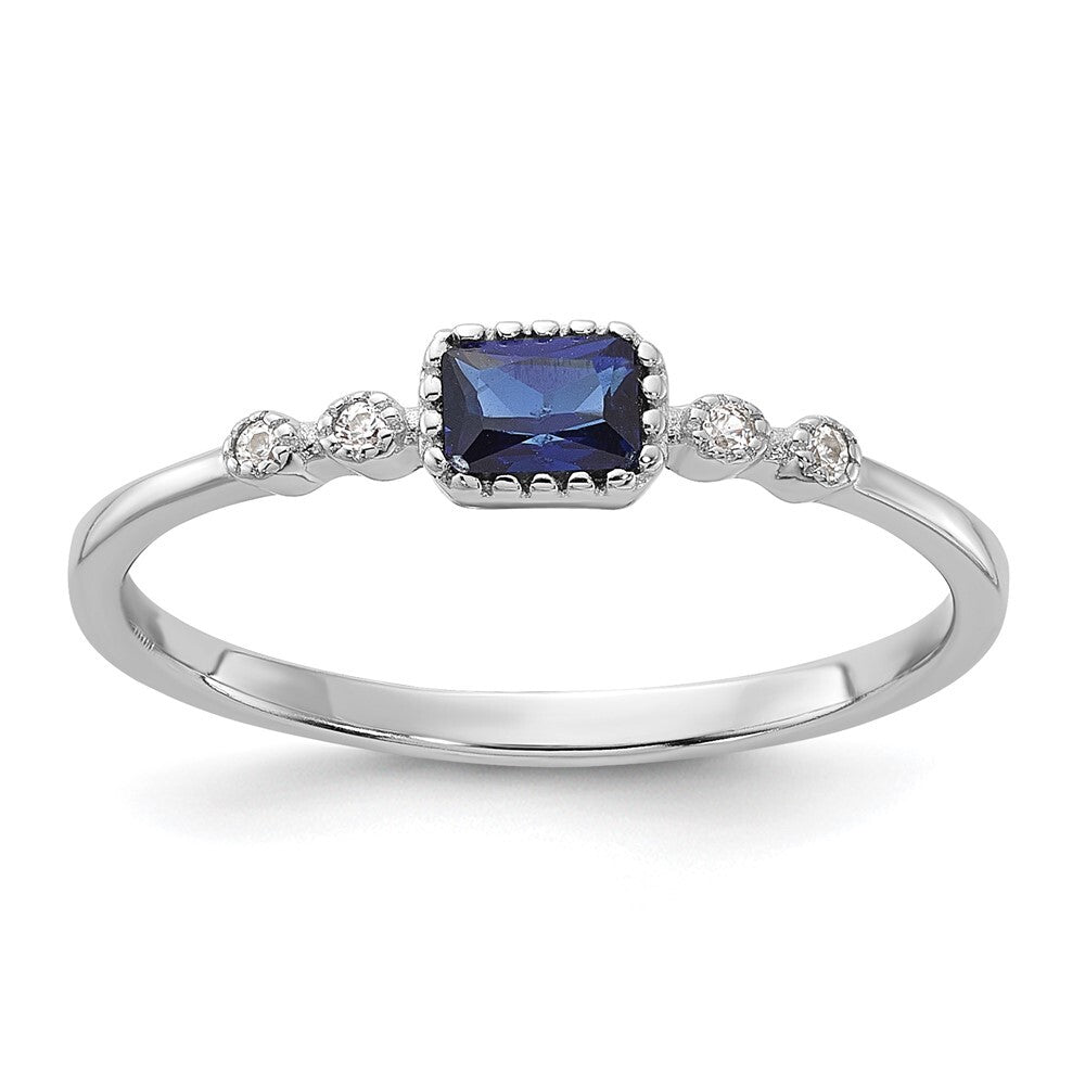 SS Rhodium-plated .02Cr. Blue Spinel and .02Cr. White Sapphire Ring Size 7