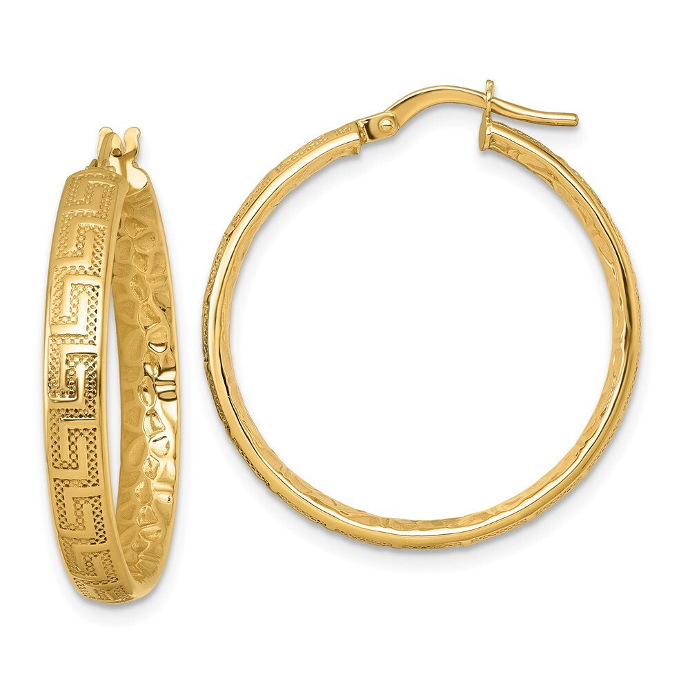 14k Yellow Gold Polished Textured Greek Key Textured Inside Hinged Hoop Earrings