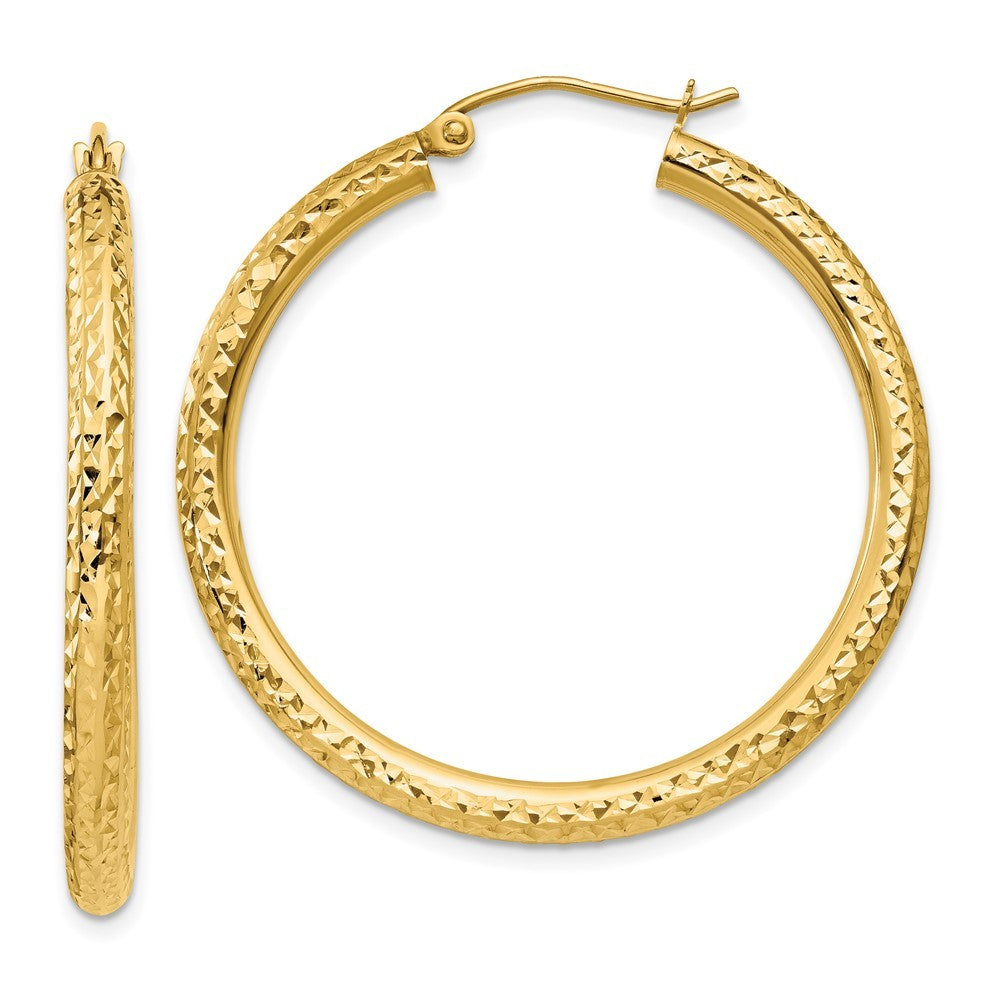 14k Yellow Gold Diamond-cut 3mm Round Hoop Earrings