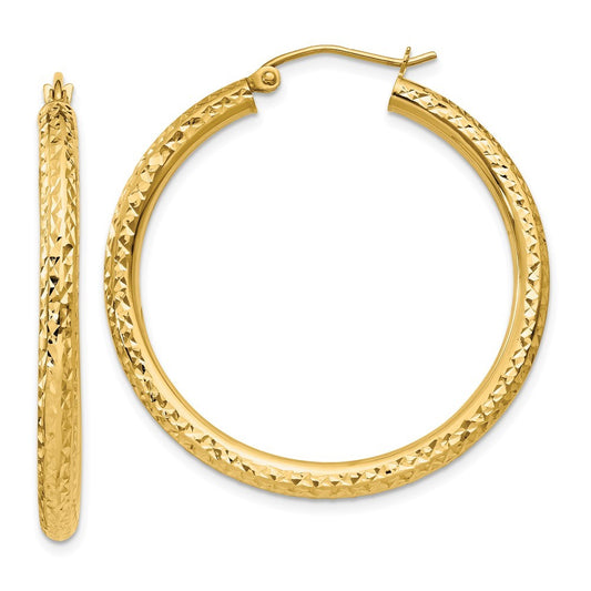 14k Yellow Gold Diamond-cut 3mm Round Hoop Earrings