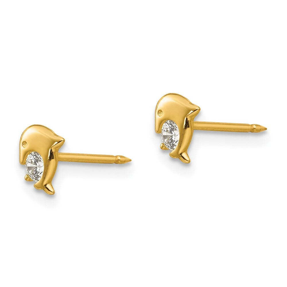 14k Yellow Gold Dolphin Cubic Zirconia Stud Earrings Gift for Women