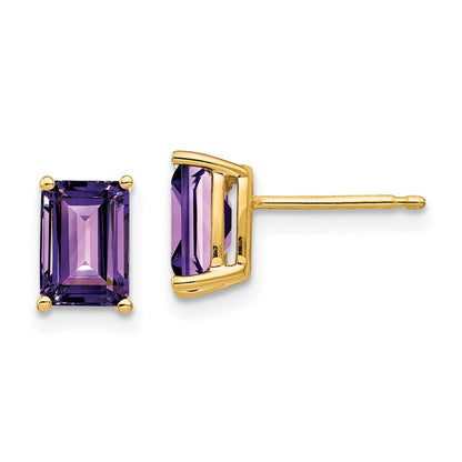 14k Yellow Gold 7x5mm Emerald Cut Amethyst Stud Earrings Gift for Women