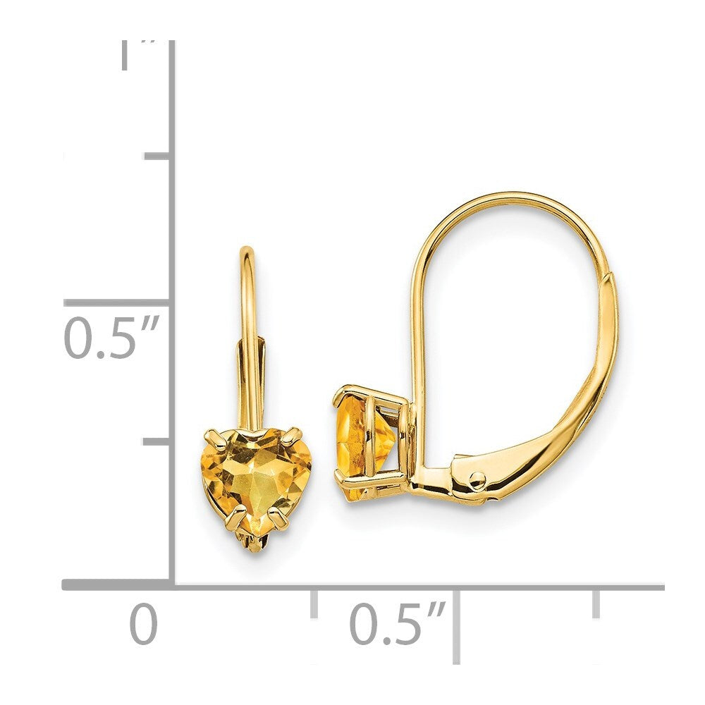 14k Yellow Gold 5mm Heart Citrine Dangle Earrings Leverback Gift for Women
