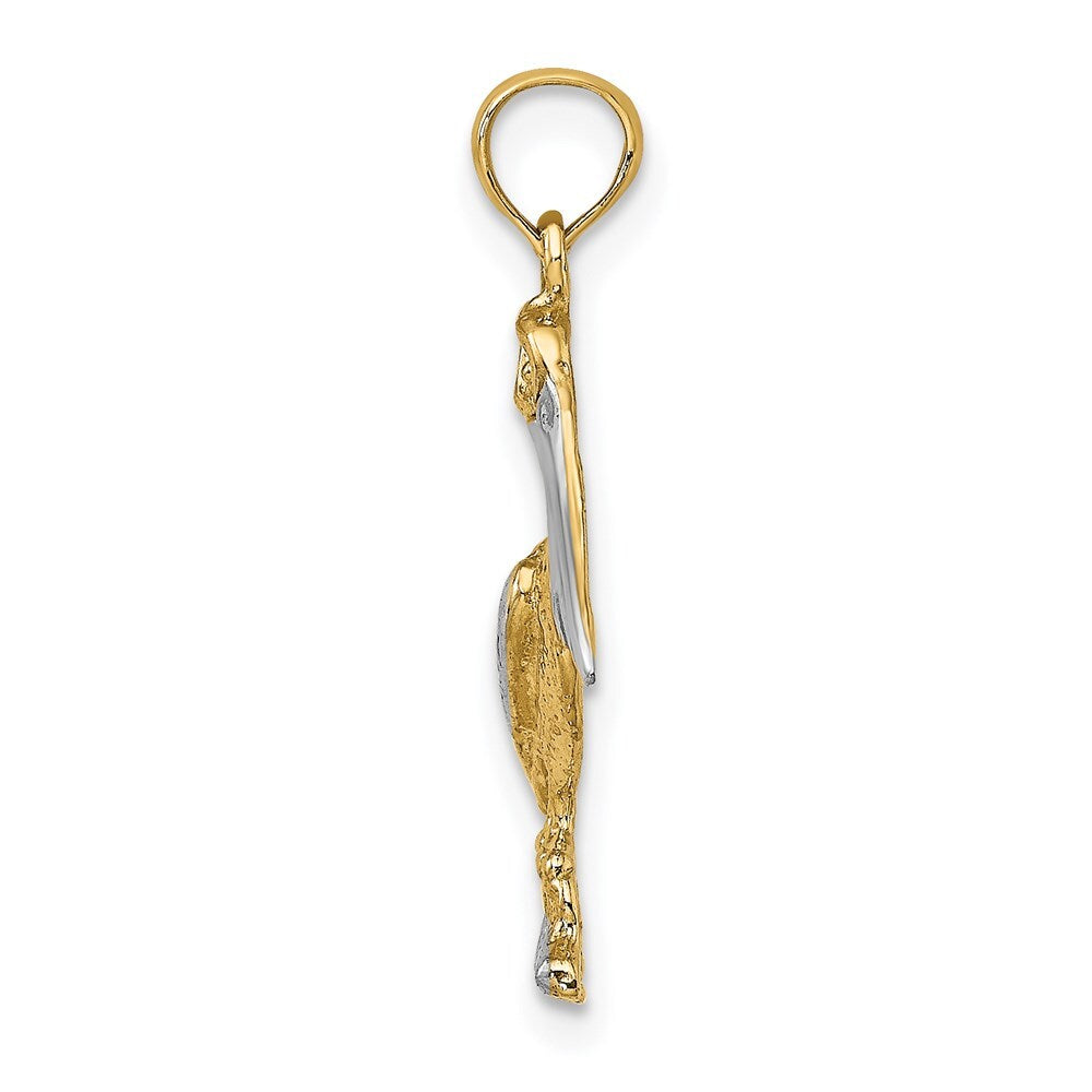 14k Yellow Gold with White Rhodium Standing Pelican Charm Pendant for Women