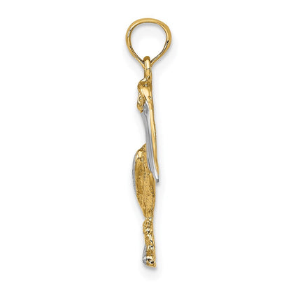 14k Yellow Gold with White Rhodium Standing Pelican Charm Pendant for Women