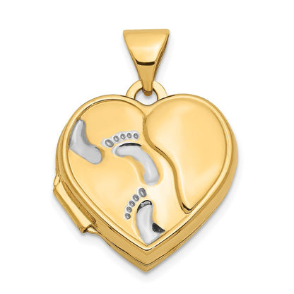 14k Yellow Gold  White Rhodium 15mm Heart Foot Prints Locket Pendant for Women