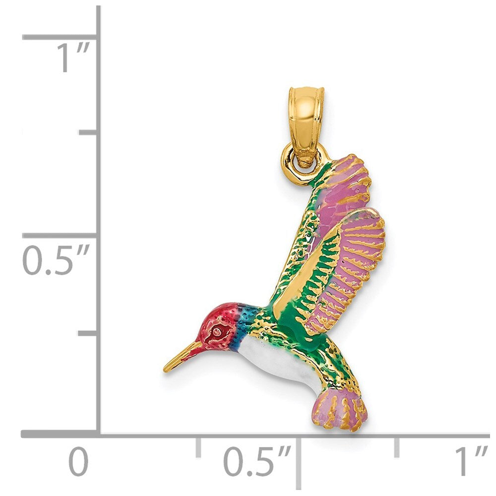 14k Yellow Gold Enameled 3D Hummingbird Pendant for Women