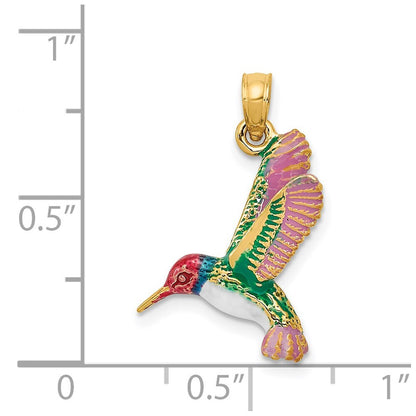 14k Yellow Gold Enameled 3D Hummingbird Pendant for Women