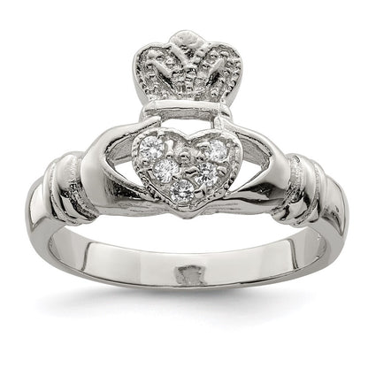 Sterling Silver Rhodium-plated Cubic Zirconia Claddagh Ring Size 8