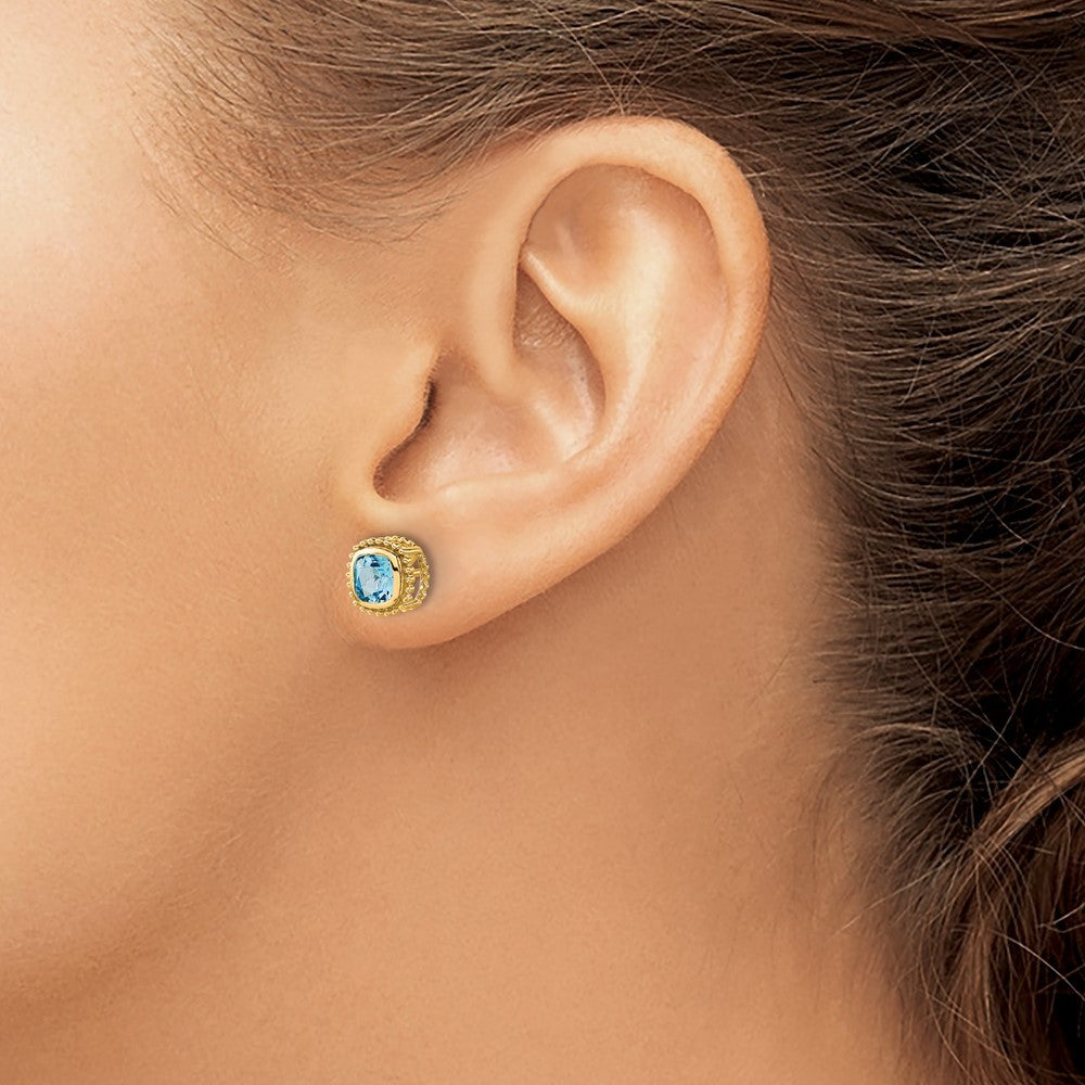 14k Yellow Gold Cushion Blue Topaz Earrings