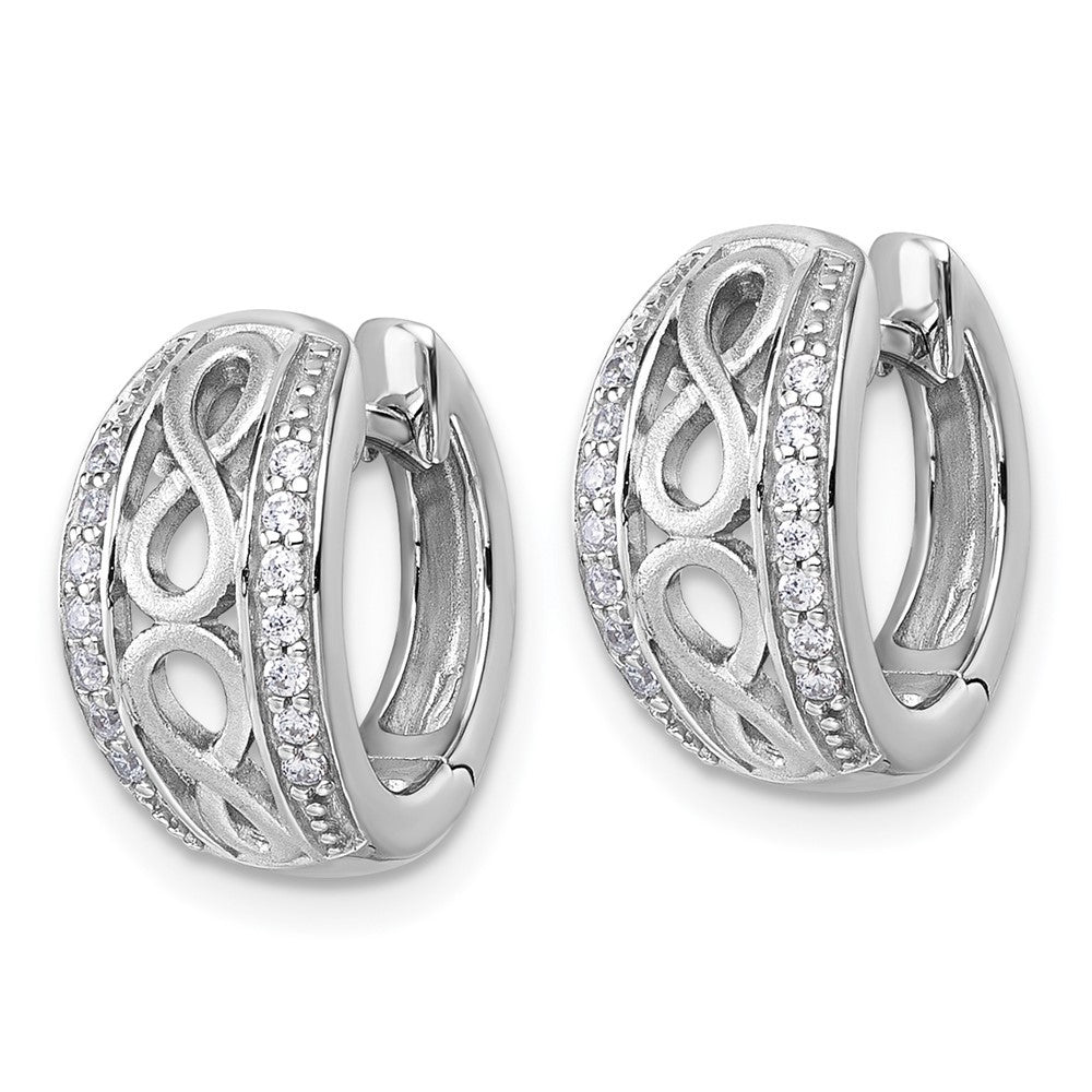 Sterling Silver Polished and Satin CZ Infinity Round Hinged Hoop Earrings