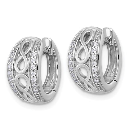 Sterling Silver Polished and Satin CZ Infinity Round Hinged Hoop Earrings