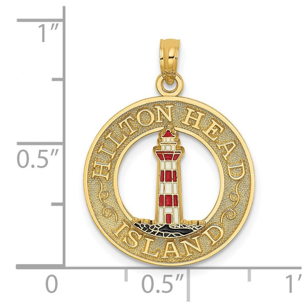 14k Yellow Gold HILTON HEAD Enamel Lighthouse Circle Charm Pendant for Women
