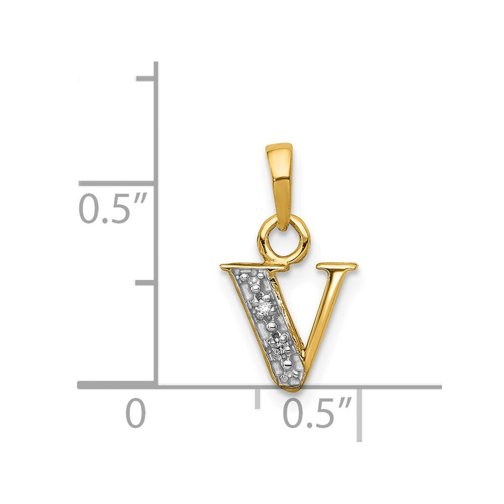 14k Yellow Gold with Rhodium Diamond Letter V Initial Pendant for Women